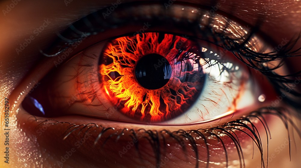 Beautiful eye of burning fire in the the eye iris