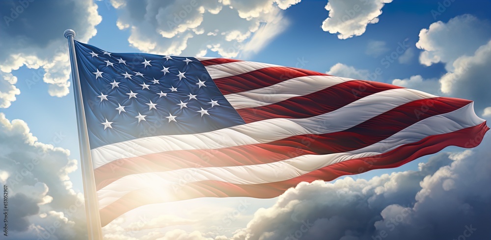 Obraz premium Realistic Seascapes: American Flag Against Blue Sky with Clouds