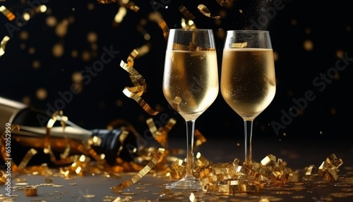 Champagne Glasses and Confetti for New Year Celebration, celebration, clinking glasses, fizzy, bubbles, golden confetti