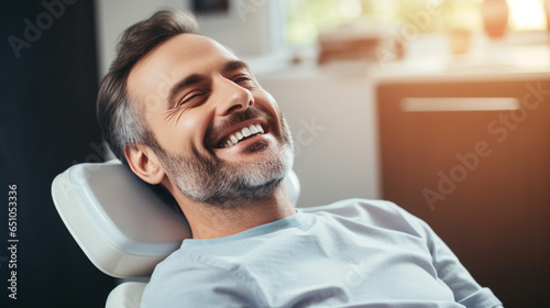 Handsome adult man client patient at a dental clinc laying on the orthodontic dental chair