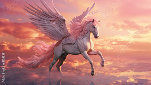 Flying horse with wings in the sky at sunset in the clouds