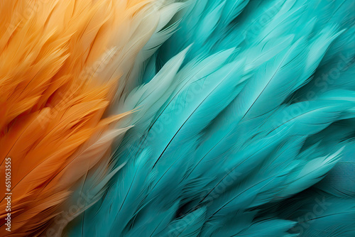 Green turquoise and blue color trends bird feather texture background,Light orange © Tjeerd