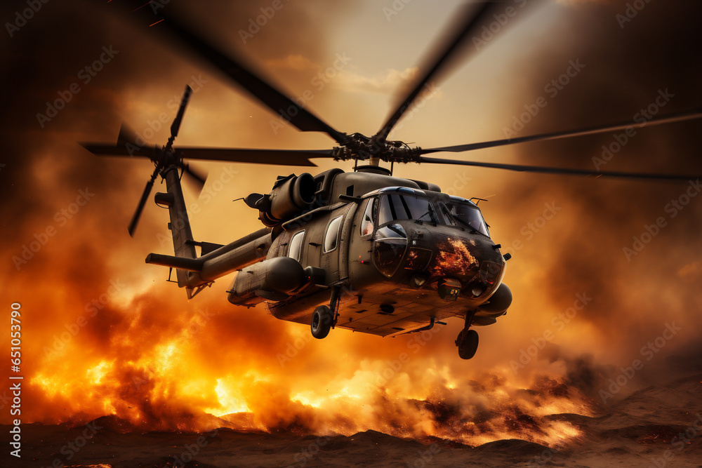 Helicóptero militar cruza fuego y humo en el desierto. IA Generativa - obrazy, fototapety, plakaty 
