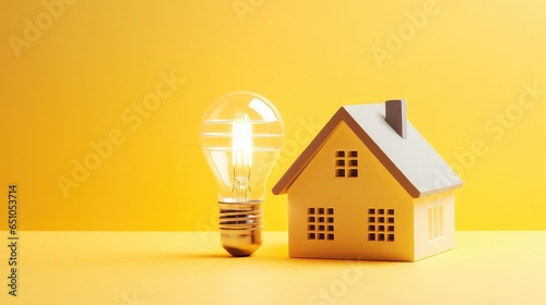 White light bulb beside wooden house model on bright yellow background. Energy saving light bulb. energy efficient home, new home Idea. energy saving. technology protection of the house from the cold.