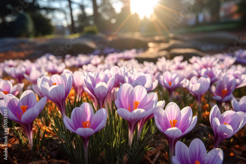 Close-up portrait of crocus flowers in the garden photo