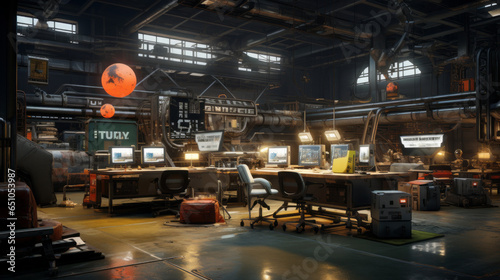 Industrial Chic Gaming Hub: A dedicated gaming room with industrial-inspired decor, high-end gaming gear, and a futuristic atmosphere
