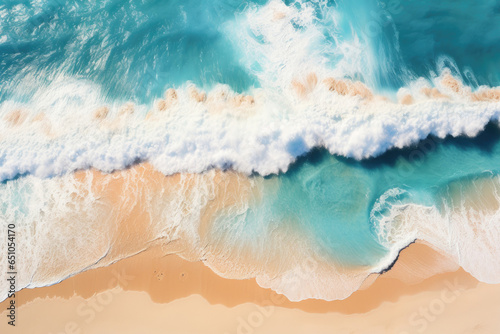Beach Sand Sea Shore with Blue wave and white foamy summer background Aerial beach top view overhead seaside