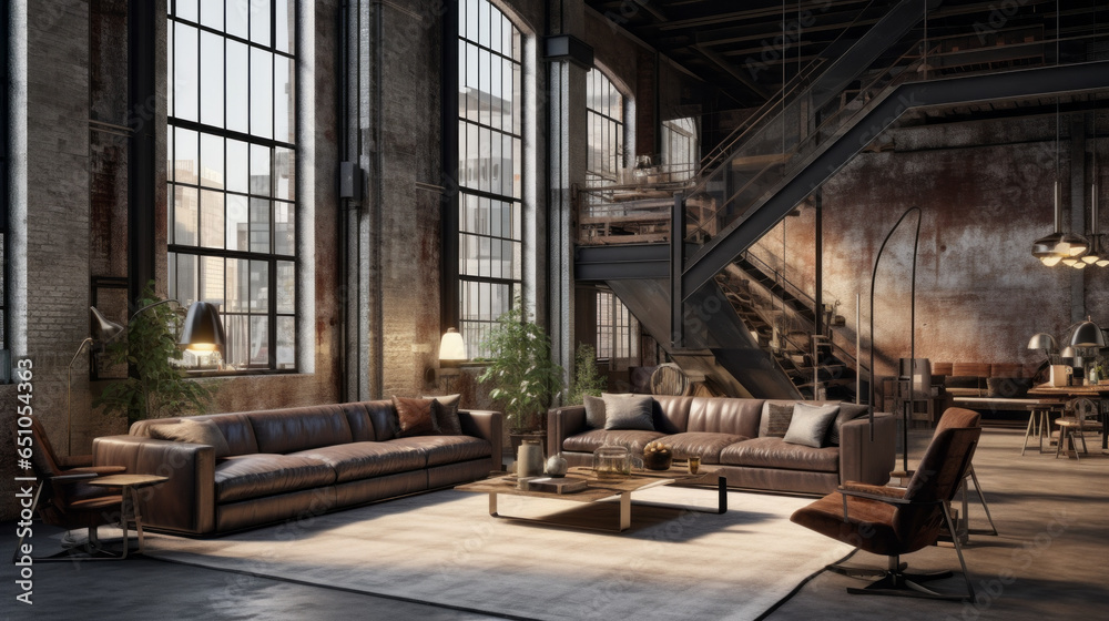 Fototapeta premium Industrial Chic Loft: Exposed pipes, concrete floors, and a leather sectional give an industrial edge. Edison bulb pendant lights and metal accents add to the urban vibe