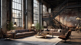 Industrial Chic Loft: Exposed pipes, concrete floors, and a leather sectional give an industrial edge. Edison bulb pendant lights and metal accents add to the urban vibe