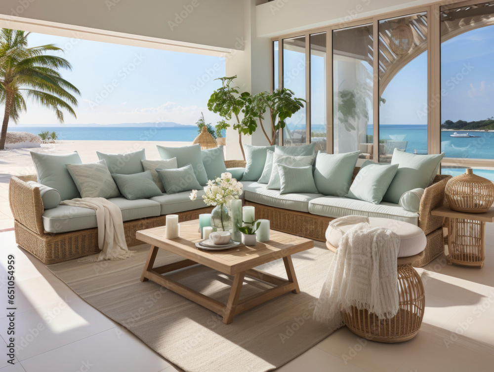 Obraz premium Coastal interior design. Interior photography of a residential timber deck in a coastal style home with furniture table setting