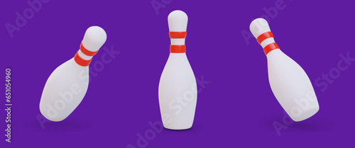 Set of realistic skittles. Vertical starting and falling position, strike. Color vector image. Equipment for bowling alley. White bowling pins, front and side view