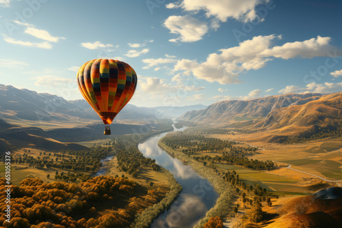 Red orange hot air balloon flies against a partly cloudy sky above a river through a beautiful valley with a backdrop of mountains