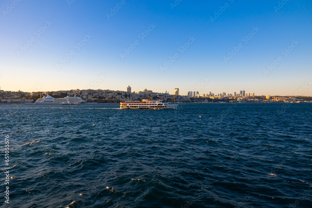 Istanbul view at sunset with a ferry