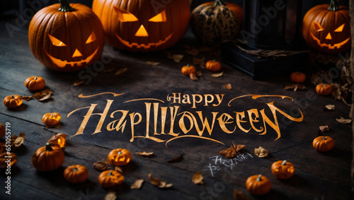 Scritta Happy Halloween contornato da tante zucche e Jack lanterna photo