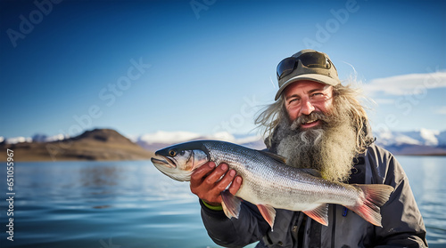 Proud bearded fisherman, with a gleam of accomplishment in his eyes, holding up a large trout