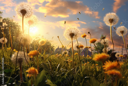 View of dandelion Flowers in a Beautiful Landscape Garden