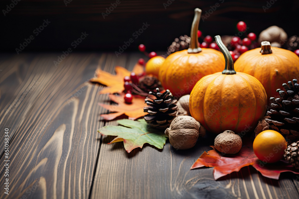 Autumn background from fallen leaves and fruits with vintage place setting on old wooden table. Thanksgiving day concept