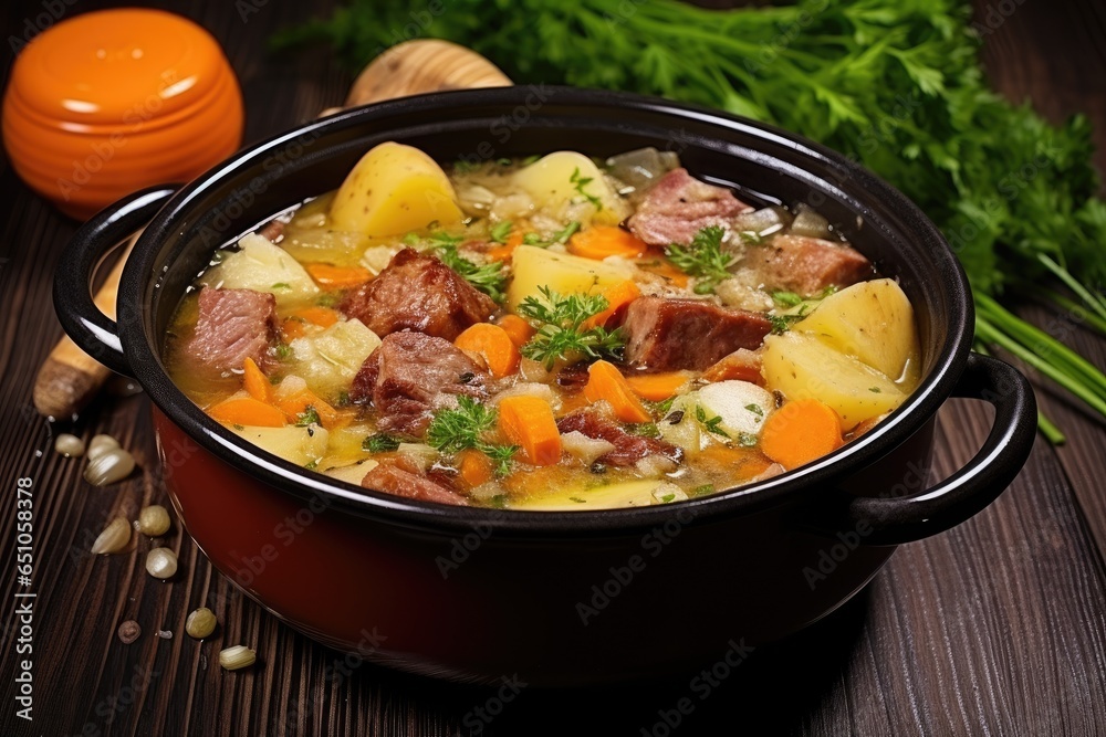 Pork meat stewed with potatoes, carrots and spices Pork meat stewed with potatoes, carrots and spices