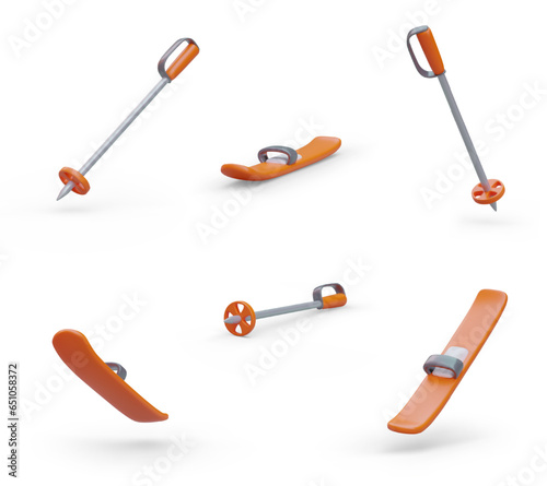 Set of skis, ski poles in different positions. Isolated vector image on white background. Color icons. Realistic illustrations with shadows. Concept for site, app, game, sports business advertising