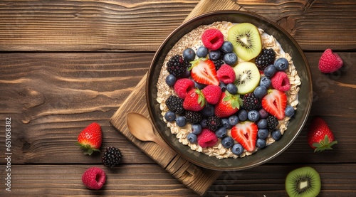 Healthy breakfast a bowl with fresh fruits and oats