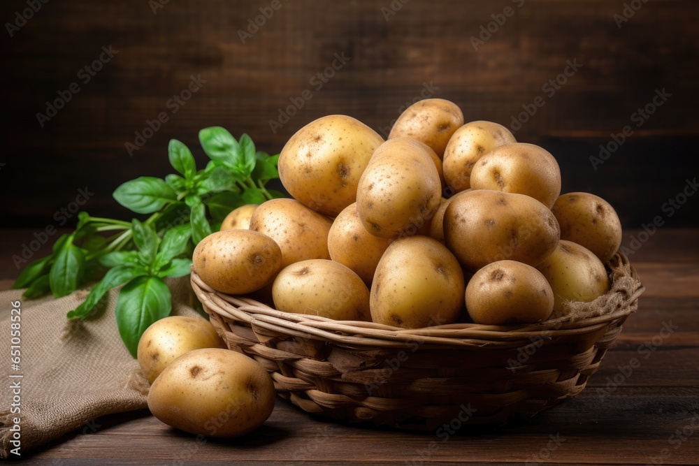 Fresh raw potatoes in basket on rustic oak board Fresh raw potatoes in basket on rustic oak board