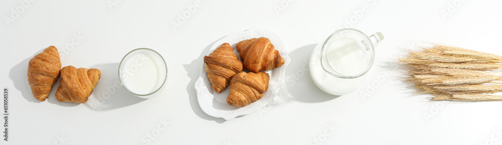 Breakfast tasty food concept - milk with bakery products Breakfast tasty food concept - milk with bakery products