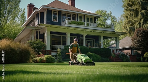 Worker using a manual lawn mower mows grass on near the house photo