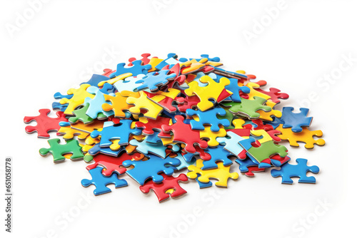A heap of jigsaw puzzle pieces forming an abstract background, symbolizing the idea of teamwork in solving a puzzle.