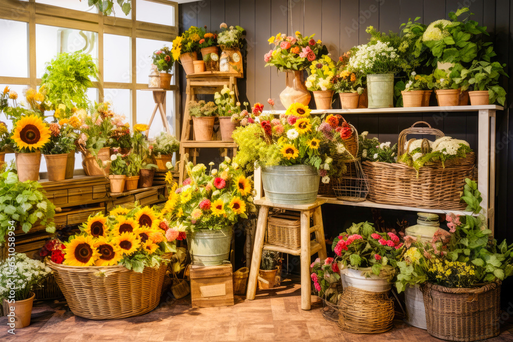 In the rustic florist's shop, a sunflower bouquet catches the eye, perfect for adding a touch of natural beauty and celebration In the rustic florist's shop, a sunflower bouquet catches the eye, perfect for adding a touch of natural beauty and celebration