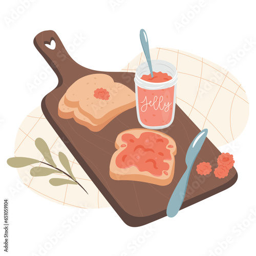 Raspberry jelly and toasts on a wooden tray. Morning breakfast concept. Cozy autumn days concept.