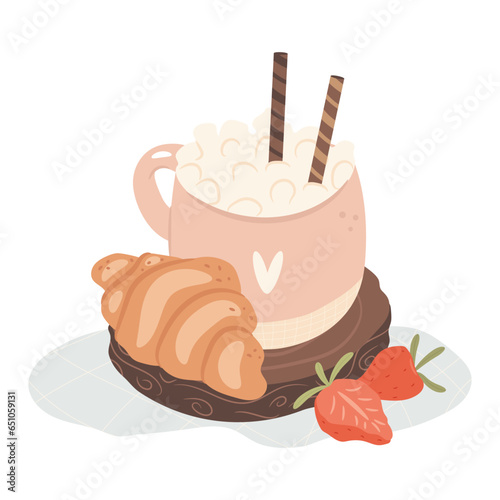 Cup of coffee on the wooden tray with croissant. Cozy autumn breakfast concept.