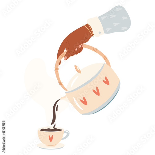 Woman hand hold a teapot and pours tea. Breakfast concept. Sweater weather. Cozy autumn days concept.