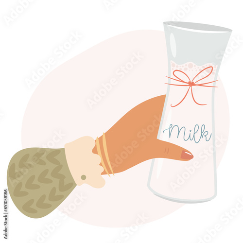 Woman hand holding milk bottle. Vector illustration