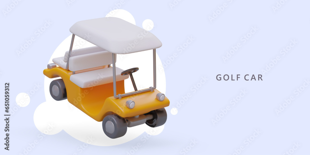 Realistic golf car. Vector horizontal poster in cartoon style. Advertising of golf club with large course. Comfortable rest, active leisure. Sports outside