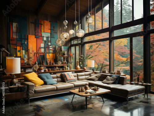 Art Deco Living room wooden walls large windows. Modern interior design living room sofa and modern atmospheric interior details.