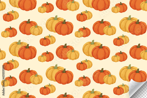 Charming autumn theme with pumpkins, maple leaves, and warm watercolour textures. Thanks giving season concept design. Seamless pattern Ideal for seasonal decorations, cards, and craft.