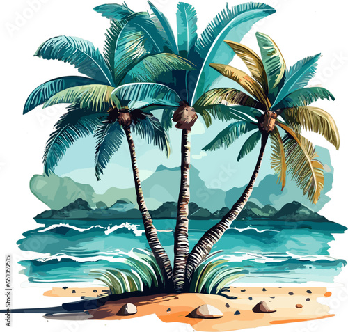 Holiday summer travel vacation illustration - Transparent Watercolor painting of palms, palm tree on the beach with ocean sea, design for logo or t shirt, isolated on white background