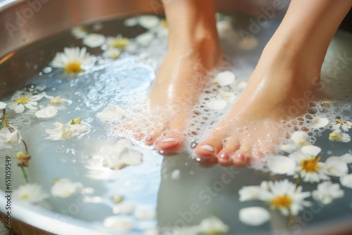 a woman enjoying a foot spa treatment, complete with aromatic flowers and soothing water to enhance her well-being.