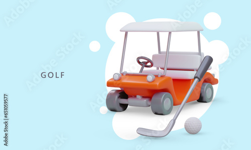 Mini passenger golf car. Realistic illustration in cartoon style. Transporting players. Advertising of golf club with large course. Expensive luxury sport