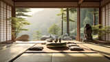Minimalist Japanese Zen Retreat: A serene room with Japanese-inspired decor, tatami mats, shoji screens, and a peaceful Zen ambiance