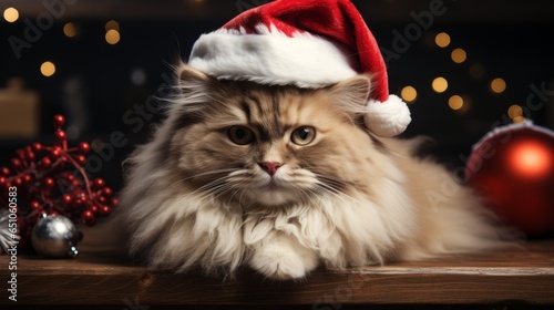 Christmas cat. Cat wearing santa claus hat.