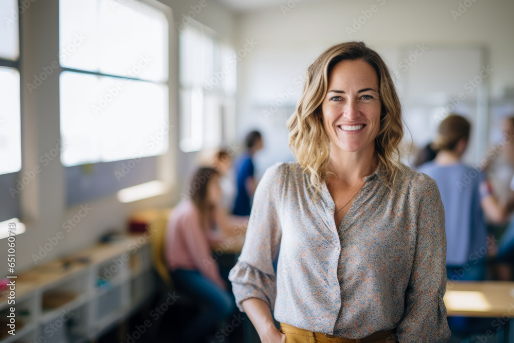 Portrait of a smiling teacher in casual clothes, in the middle of her classroom - obrazy, fototapety, plakaty 