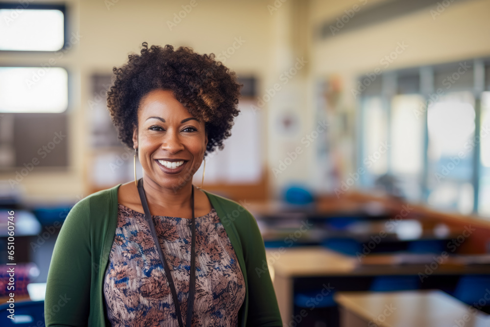 Φωτογραφία Portrait of a smiling teacher in casual clothes, in the middle of her classroom