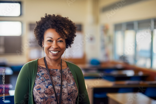 Portrait of a smiling teacher in casual clothes, in the middle of her classroom