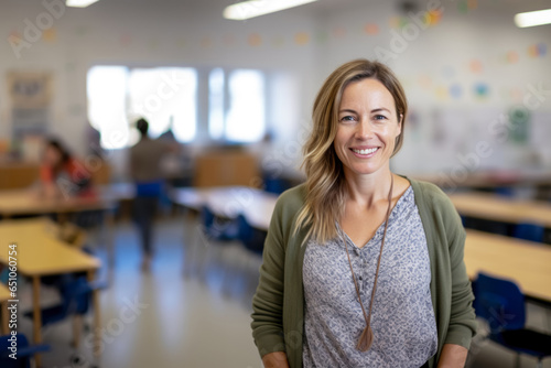 Portrait of a smiling teacher in casual clothes, in the middle of her classroom