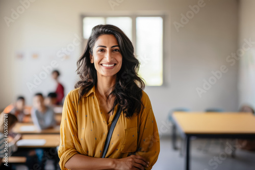 Portrait of a smiling teacher in casual clothes, in the middle of her classroom © Olivier