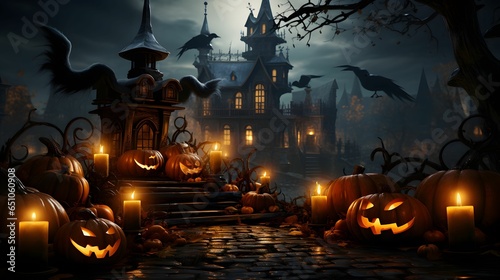 Halloween background with Evil Pumpkin. Spooky scary dark Night forrest with haunted house. Holiday event halloween banner
