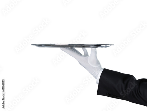 Waiter holding an empty silver tray with copy space. PNG file, trnsparent background © rangizzz