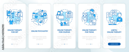 2D icons representing online therapy mobile app screen set. Walkthrough 5 steps blue graphic instructions with thin line icons concept, UI, UX, GUI template.