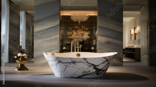 Stylish bathroom interior with modern tub and beautiful houseplants. Home design